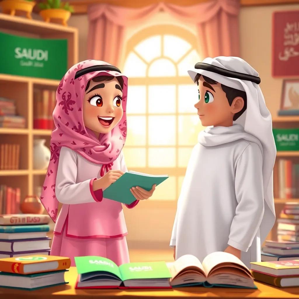 A young Saudi girl, Leila, in a pink and white school uniform, enthusiastically discussing the Saudi flag with a young Saudi boy, Sami, in a traditional white thobe, surrounded by books and symbols of the Saudi flag, colorful, educational environment, warm light, engaging scene