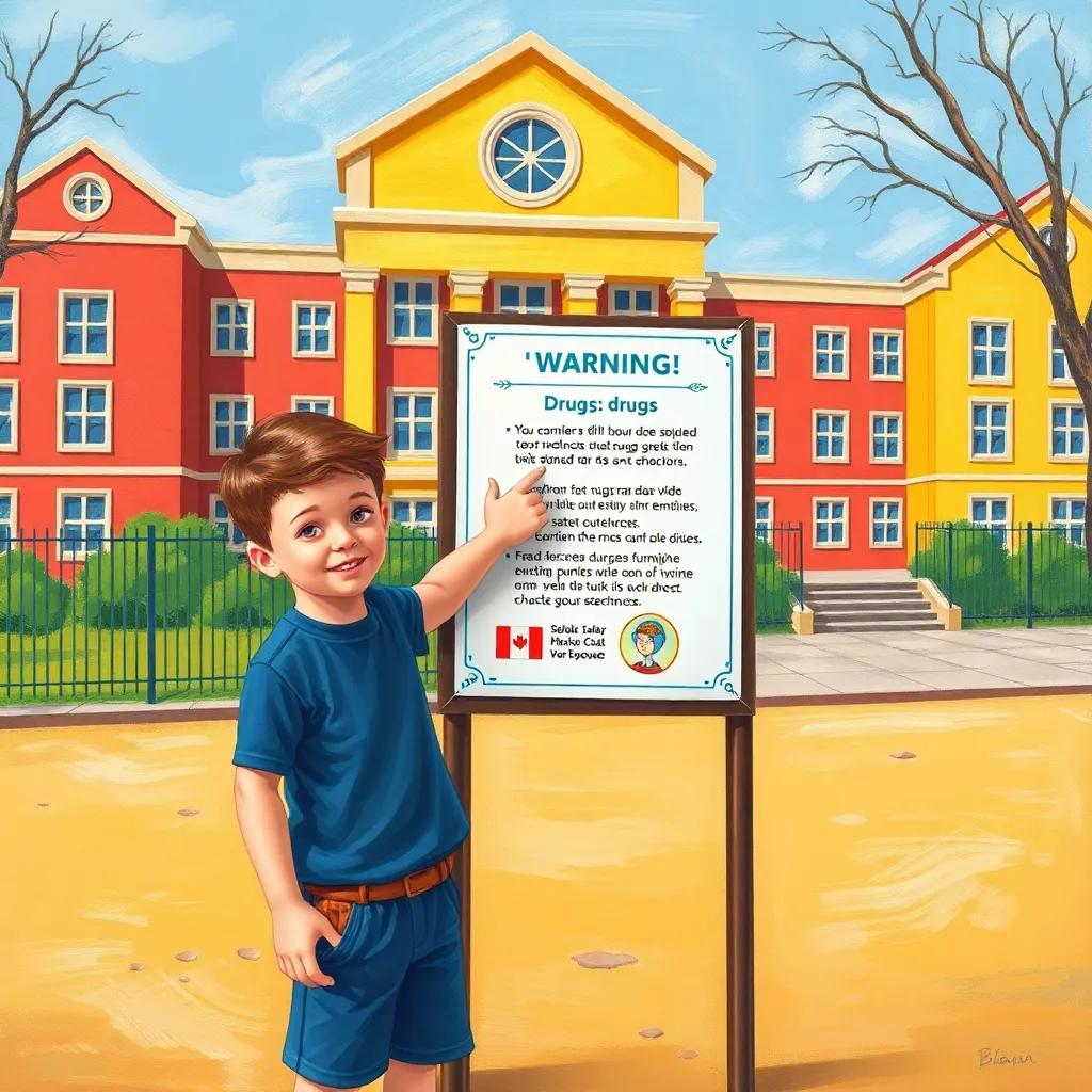 Two boys standing together in a playground, one pointing out a poster warning about drugs, with a colorful school building in the background, illustration, educational, safe and informative