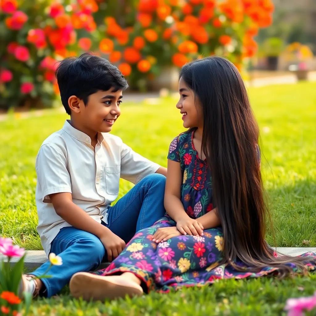 A young Arabic girl, Farah, with long black hair wearing a colorful dress, sitting in a garden talking with her brother Abdullah, wearing a white shirt and blue jeans, bright flowers and green grass in the background, cheerful atmosphere, digital art, warm colors, engaging perspective, high quality