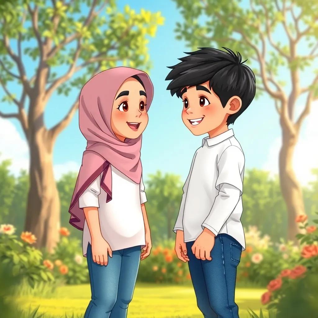 Abdullah, a young Arabic boy with short black hair wearing a white shirt and blue jeans, smiling while talking to his sister Farah in the garden, surrounded by trees and a bright blue sky, heartfelt moment, illustration, cozy vibes, child-friendly