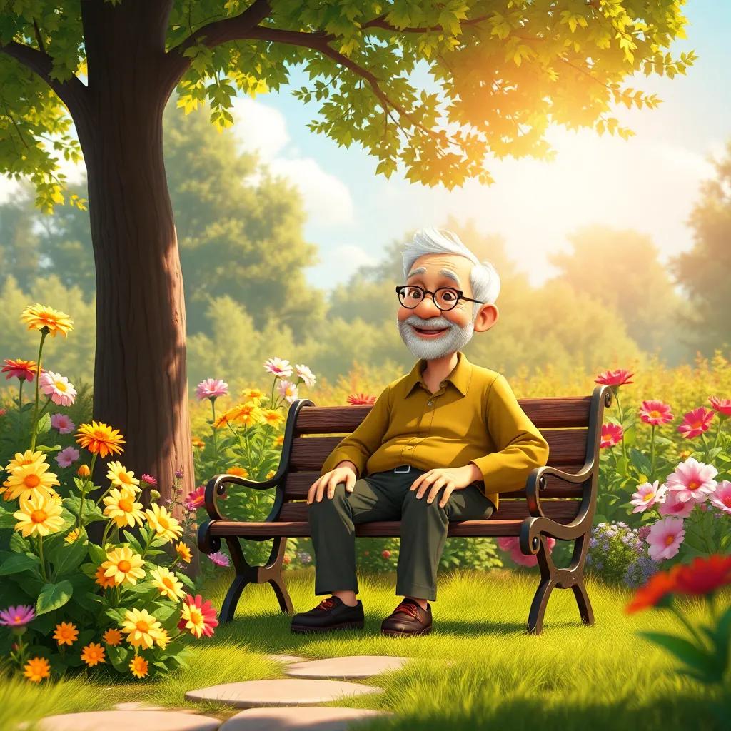 A sunny garden scene with a loving elderly man sitting on a bench, smiling, surrounded by flowers and trees, digital art, warm colors, cheerful atmosphere, high quality
