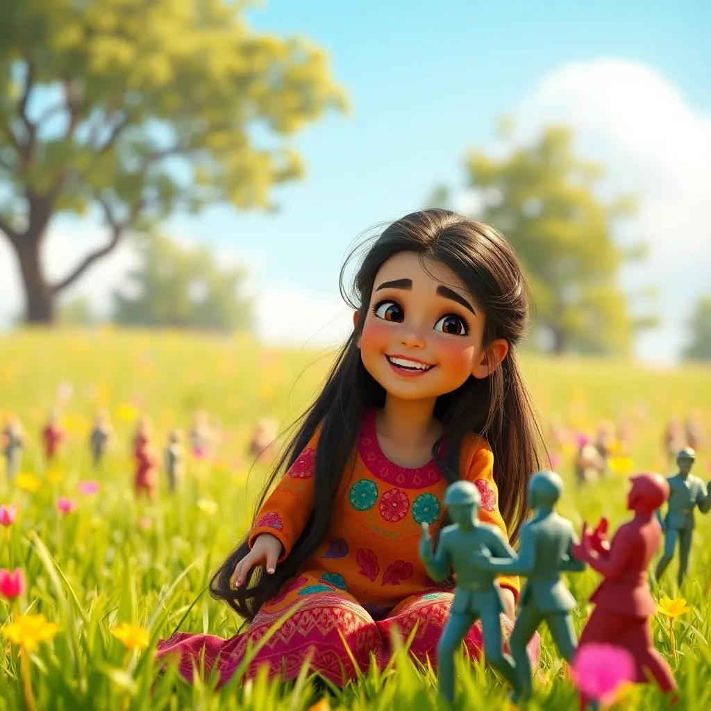 A young Arab girl, Hala, with long, dark hair, wearing a colorful dress, playing in a sunny meadow with toy soldiers, joyful expression, vibrant colors, cheerful scene, digital art, inviting atmosphere, high quality