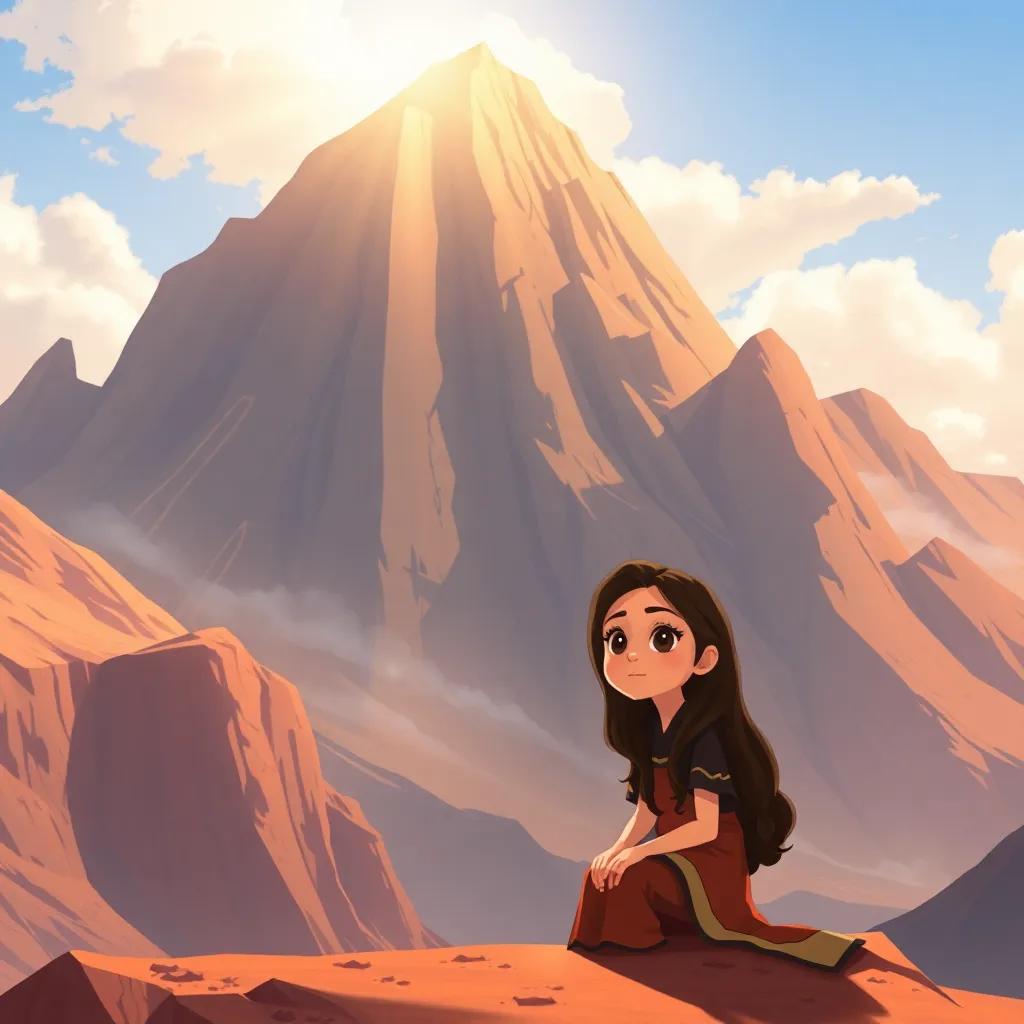 A majestic mountain with a sturdy presence, Hala, the young Arab girl with long, dark hair, sitting by the mountain, looking determined, sunlight shining down, warm tones, uplifting scene, illustration, child-friendly, high quality