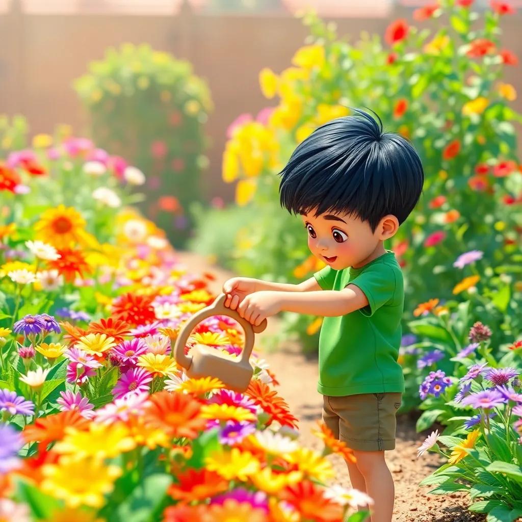A young boy, يوسف, with short black hair, wearing a green t-shirt and shorts, watering colorful flowers in a sunny garden filled with vibrant plants, cheerful atmosphere, bright colors, high quality, digital art