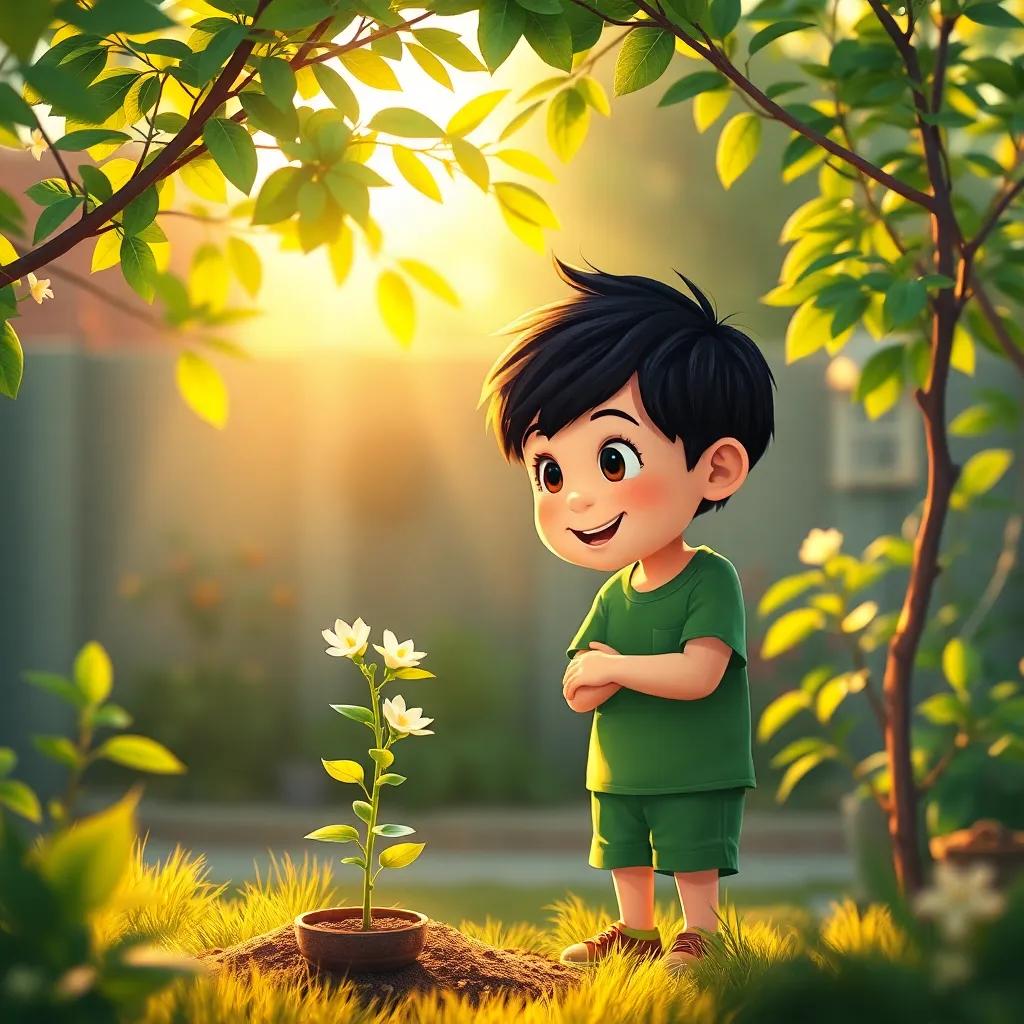 يوسف, a young boy with short black hair, in green t-shirt and shorts, excitedly looking at a small jasmine tree he just planted in his garden, golden sunlight filtering through leaves, heartwarming scene, colorful, high quality, digital art
