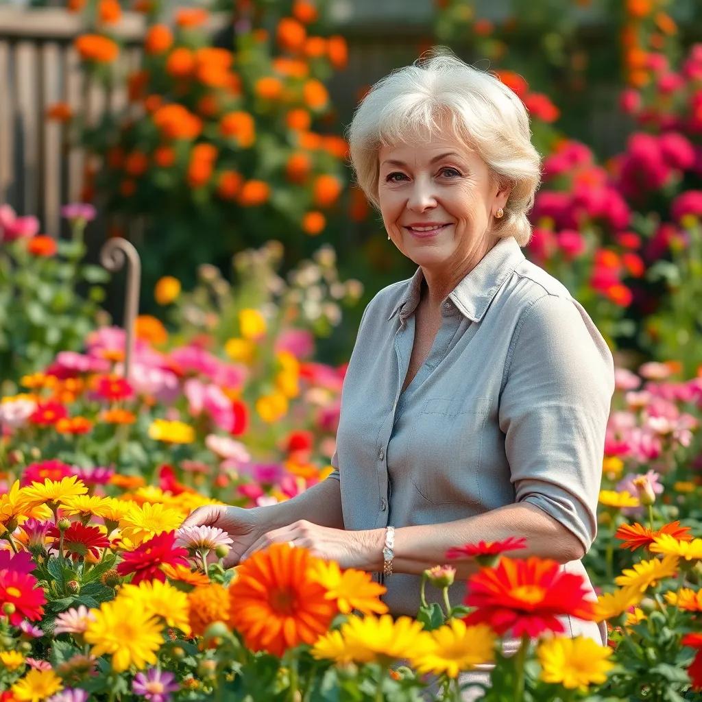 A beautiful woman in her fifties, tall and slim, with fair skin, tending to a colorful garden filled with blooming flowers, vibrant colors, warm sunlight, digital art, cheerful atmosphere, inviting scene, high quality