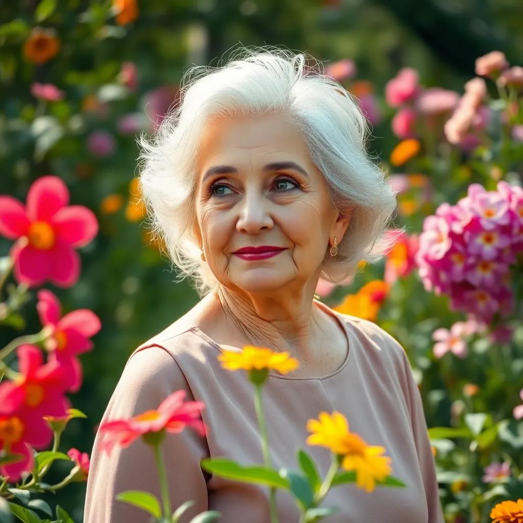 A older woman, أم السعد, with a strong gaze and elegant demeanor in a lush garden with flowers swaying in the breeze, wearing a simple, yet beautiful dress, enjoying the sight of her blooming flowers, colorful, lively, heartwarming, high quality