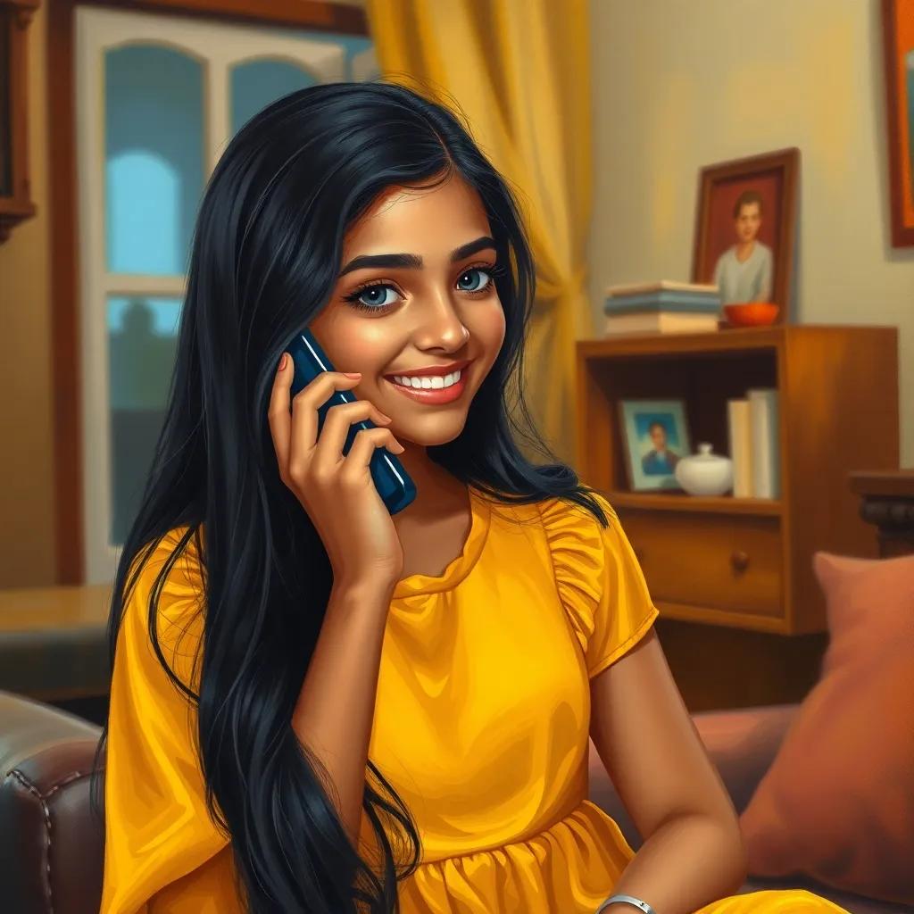 A young Arab girl, Layla, with long black hair in a bright yellow dress, talking on the phone with a smile at her home, warm light, cozy room, inviting scene, high quality