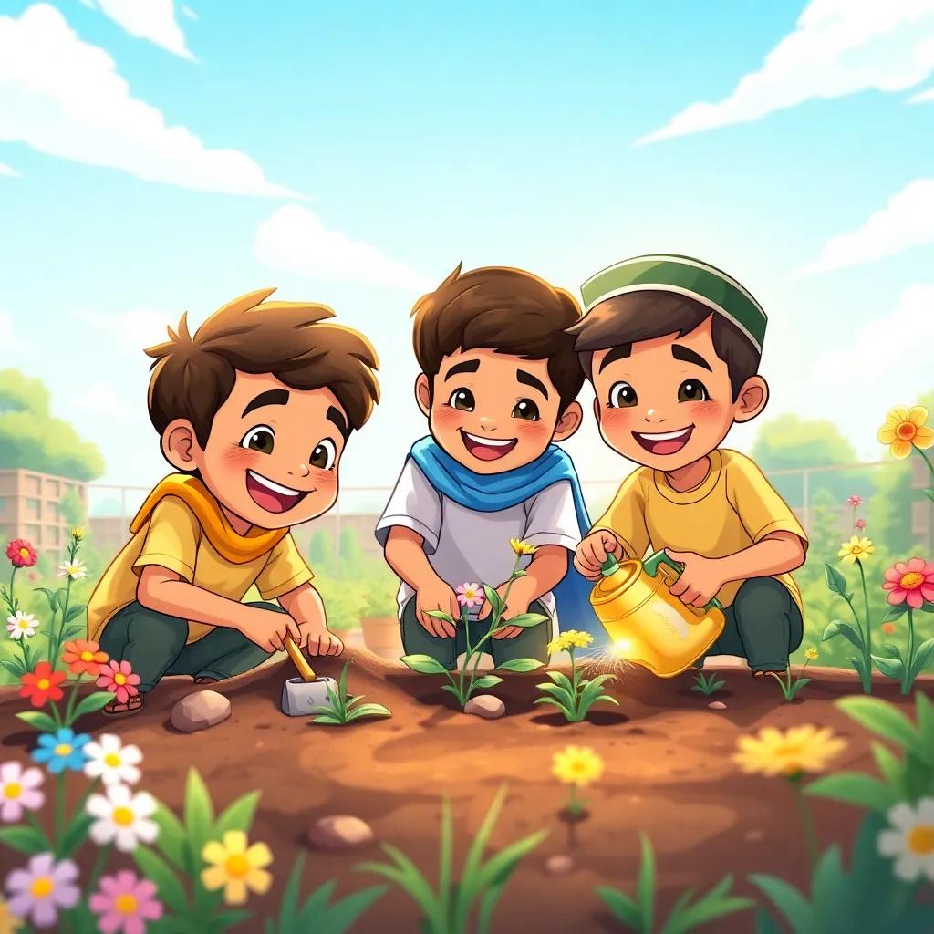 The three friends, Mohamed, Imar, and Malak, working together in a school garden, digging soil, planting flowers, and watering plants under a bright blue sky, joyful expressions, cartoon style art, colorful flowers, warm light, child-friendly, detailed illustration
