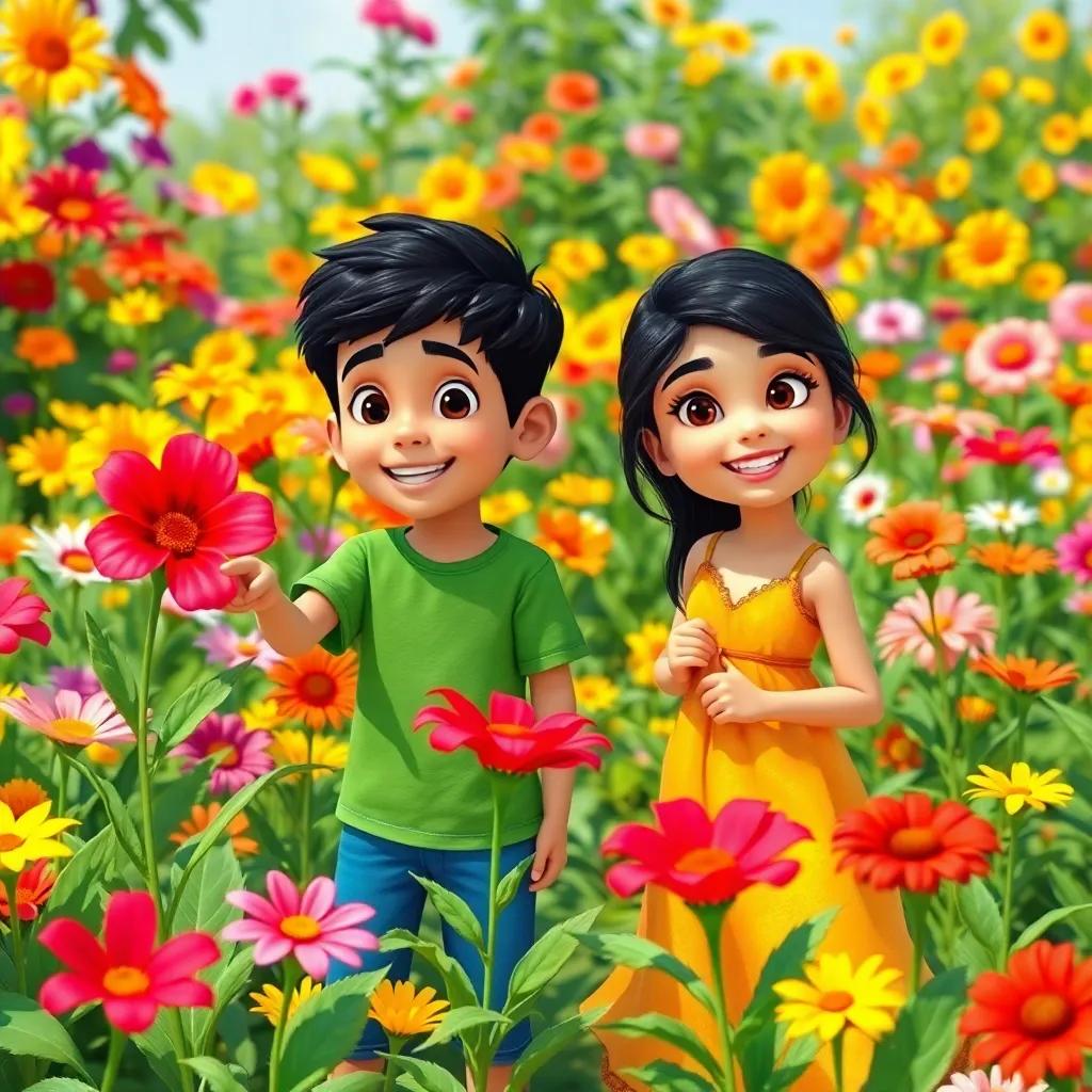 A colorful garden filled with various flowers, a boy named Ali, a young Arabic boy with short black hair, wearing a green t-shirt and blue shorts, pointing at a bright red flower, with a smiling girl named Sara, a young Arabic girl with long dark hair, wearing a yellow dress, looking joyful, bright colors, sunny day, digital art, cheerful atmosphere, high quality