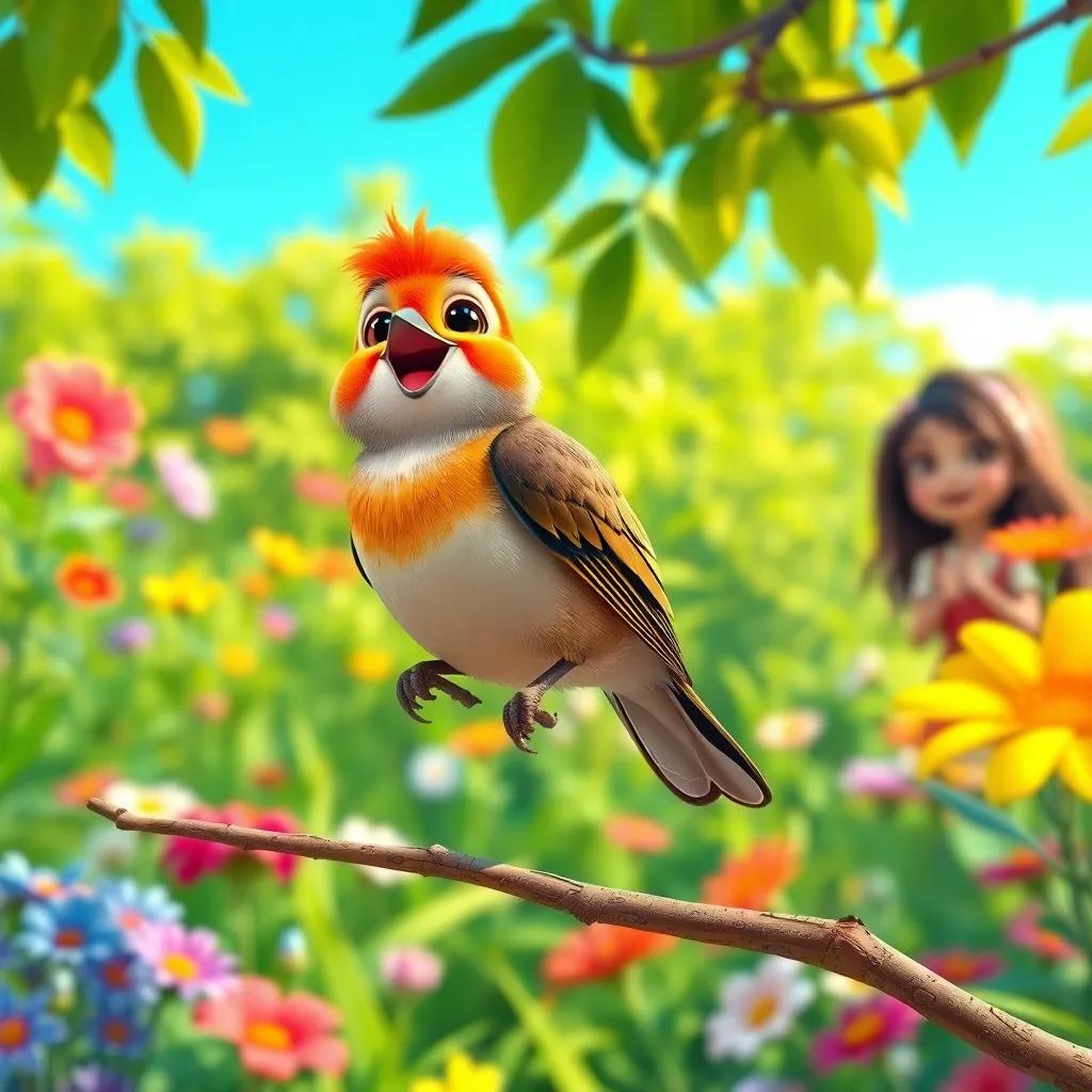 A small singing bird perched on a tree branch in the vibrant garden, with Ali and Sara in the background looking excited, lush greenery in the background, with colorful flowers, bright blue sky, illustration, happy scene, child-friendly, high quality