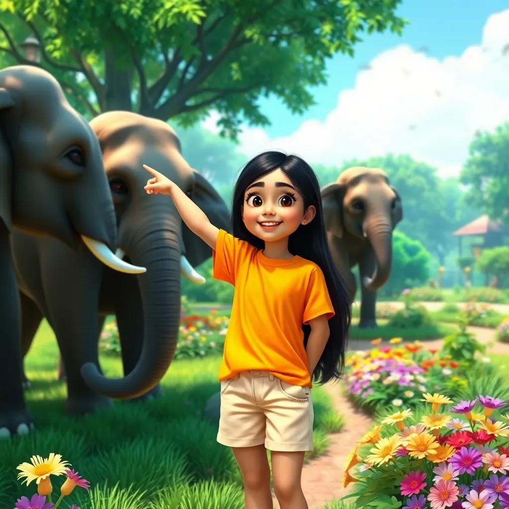 A young Arab girl, Sara, with long black hair, wearing a bright t-shirt and shorts, excitedly pointing at elephants in a zoo, surrounded by greenery and colorful flowers, joyful atmosphere, digital art, bright colors, high quality