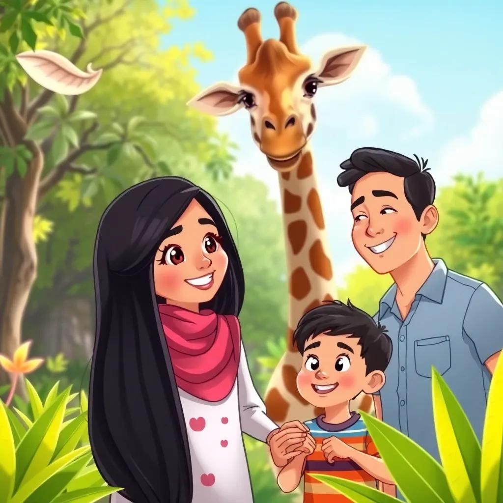 A happy family in the zoo, Sara, a young Arab girl, with long black hair and her little brother, Sultan, with short hair, looking at a tall giraffe eating leaves, parents smiling beside them, vibrant scene, cheerful, illustration, child-friendly, colorful