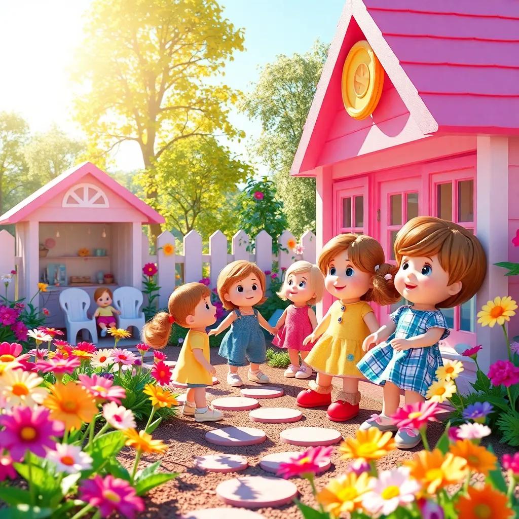 A sunny day in a colorful doll garden with bright flowers, children playing and laughing, dolls starting to wake up and move around, cheerful atmosphere, digital art, vibrant colors, lively scene, inviting