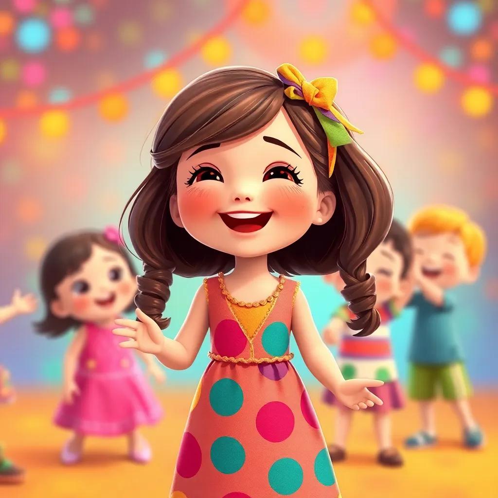 A doll named Maryam with brown hair tied in a colorful ribbon, laughing and dancing with the children, vibrant background, joyful mood, illustration, warm colors, playful