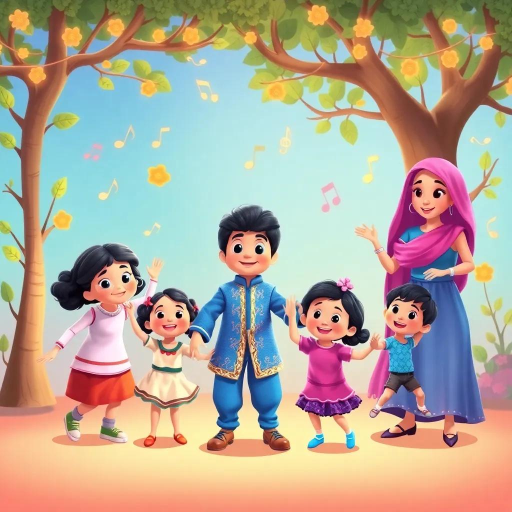 A doll named Saleh in a blue outfit joining the dance party with Maryam and children, surrounded by whimsical trees and playful music notes, cheerful and fun, fantasy illustration, bright