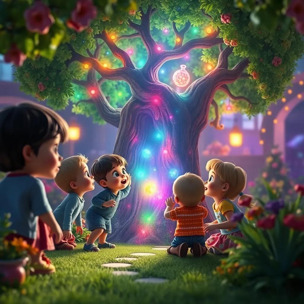 Children discovering a magical tree in the doll garden, colors bursting out of the tree as they approach, amazed expressions on their faces, enchanting atmosphere, colorful artwork, wonder and joy