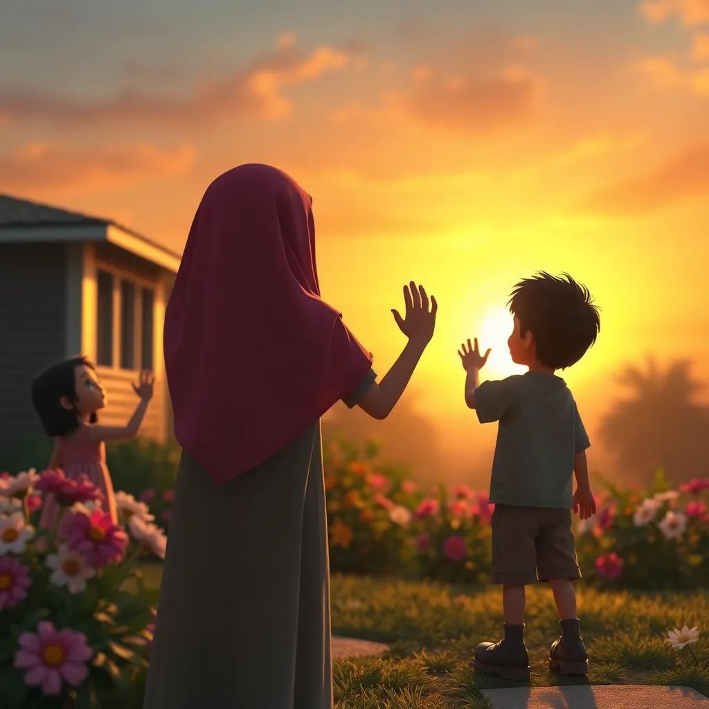 Children waving goodbye to Maryam and Saleh, sunset in the background, a promise of returning to the doll garden, heartfelt scene, warm light, beautiful colors, emotional depth
