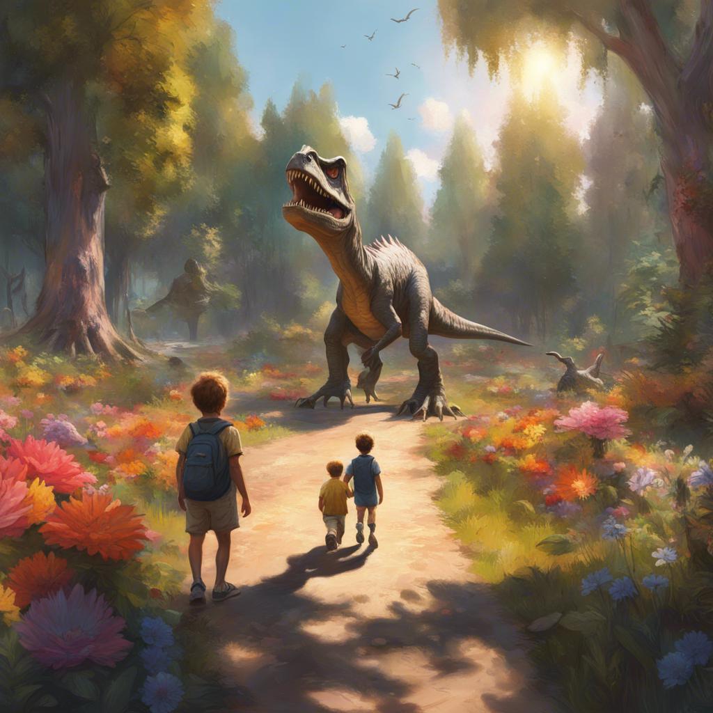 A bright sun shining over a colorful dinosaur park filled with tall trees and vibrant flowers, with children happily entering the park.
