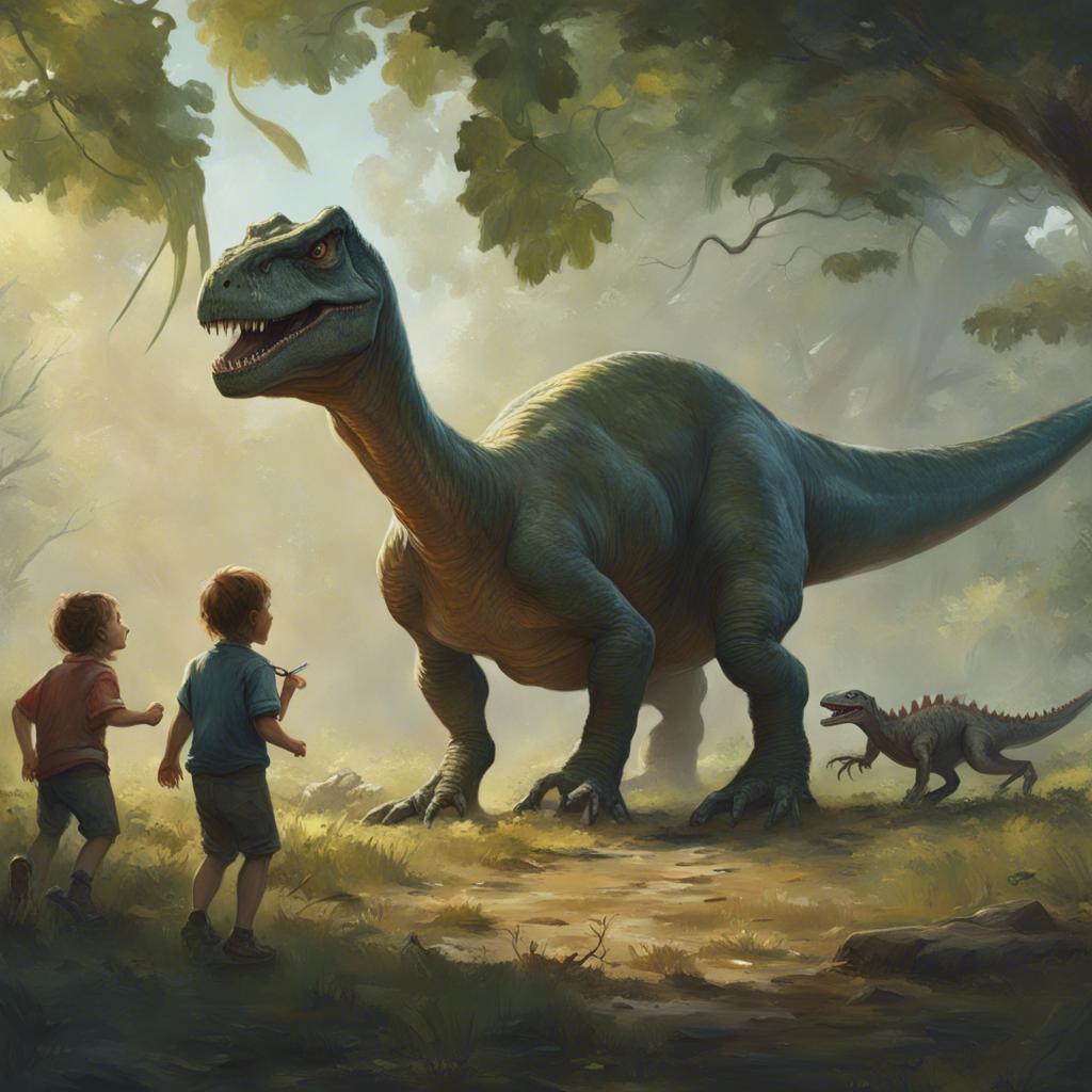 Children watching different kinds of dinosaurs, a tall-necked dinosaur eating leaves from trees, and a small dinosaur running around joyfully.