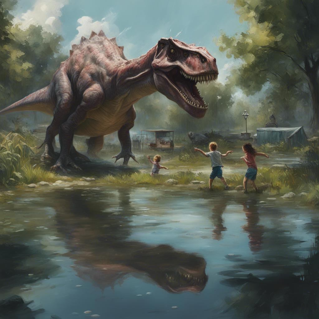A water garden with a large dinosaur swimming in a pond, water splashing everywhere, and children screaming with joy.