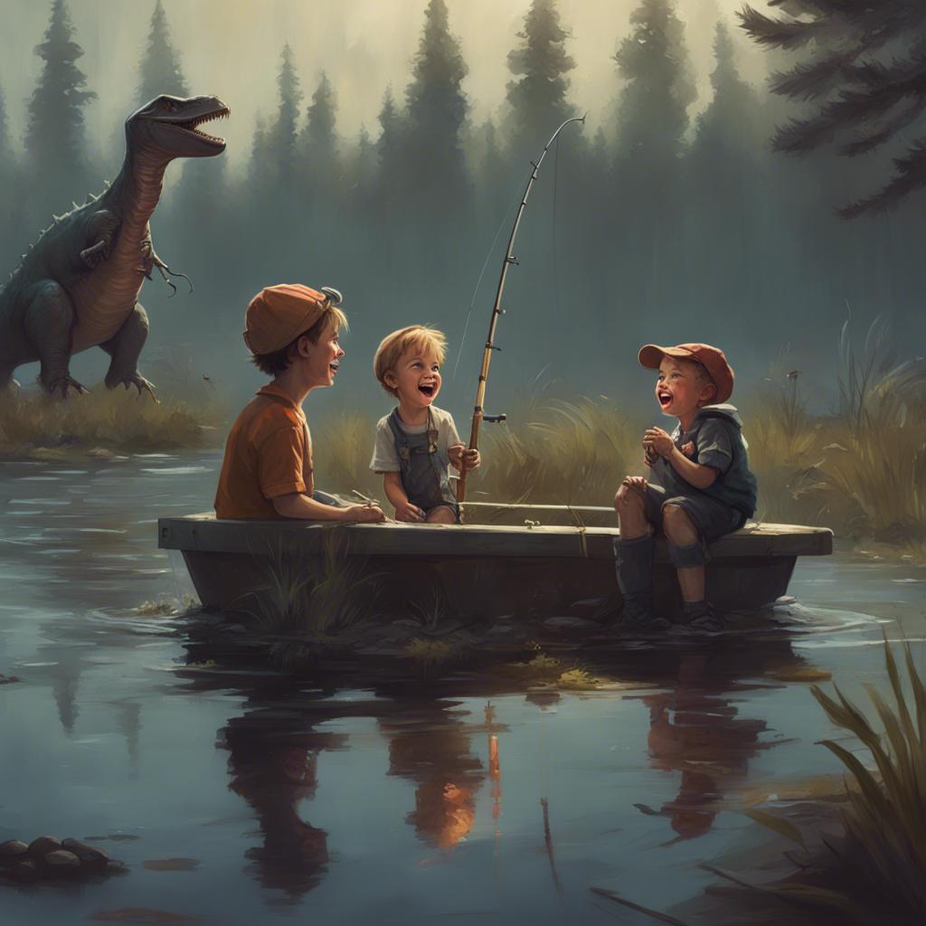 A boy named Sami fishing in the pond while another dinosaur helps him, both of them laughing and having fun together.