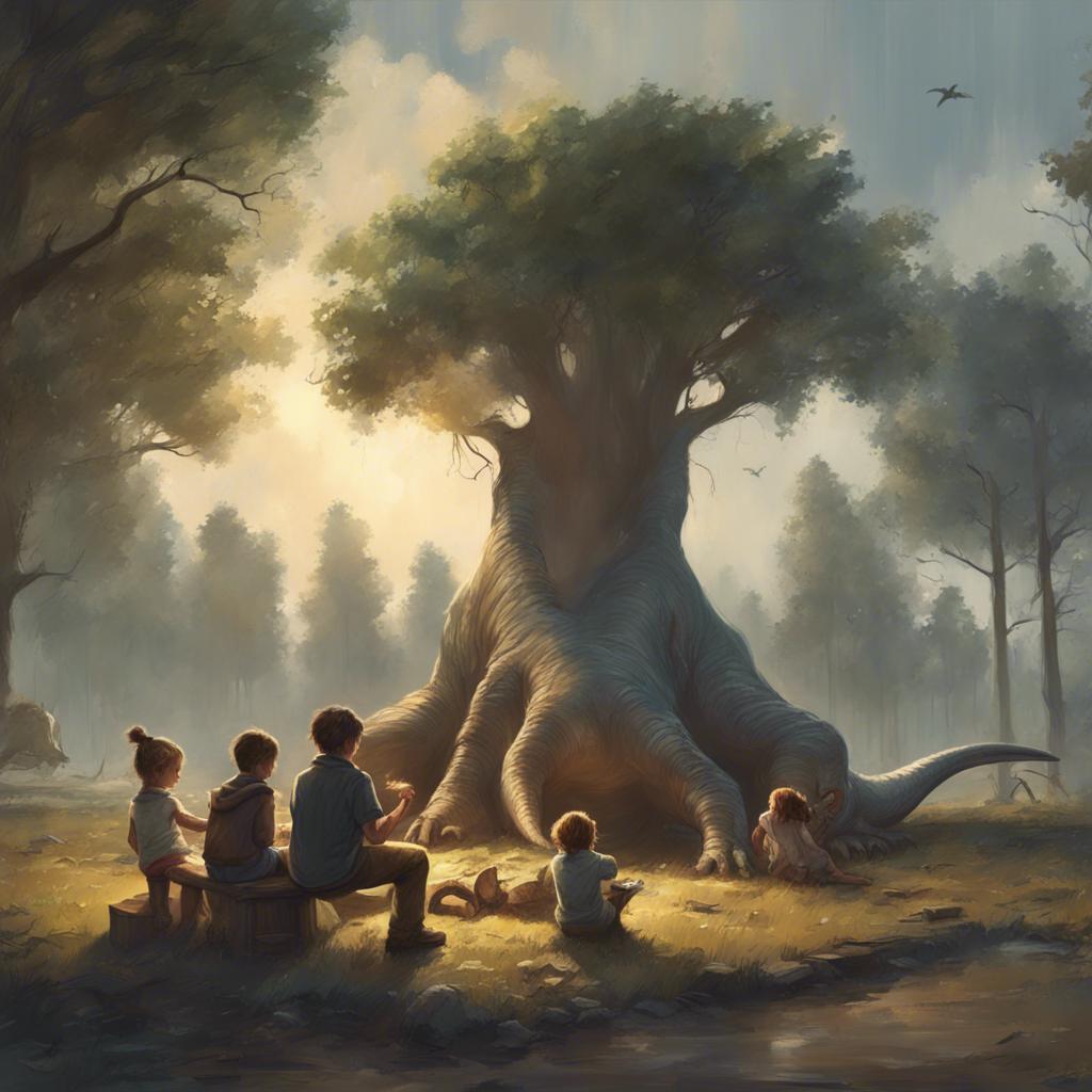 Children and dinosaurs sitting under a big tree, drawing together, creating a memorable day full of joy.
