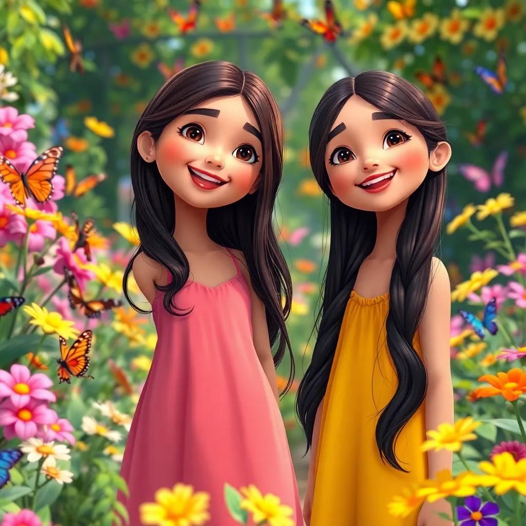 A happy scene of two young Arab girls, Haya and Rima, with long dark hair, wearing bright summer dresses, in a colorful butterfly garden, with flowers blooming, digital art, vivid colors, sunny atmosphere, cheerful expression, high quality