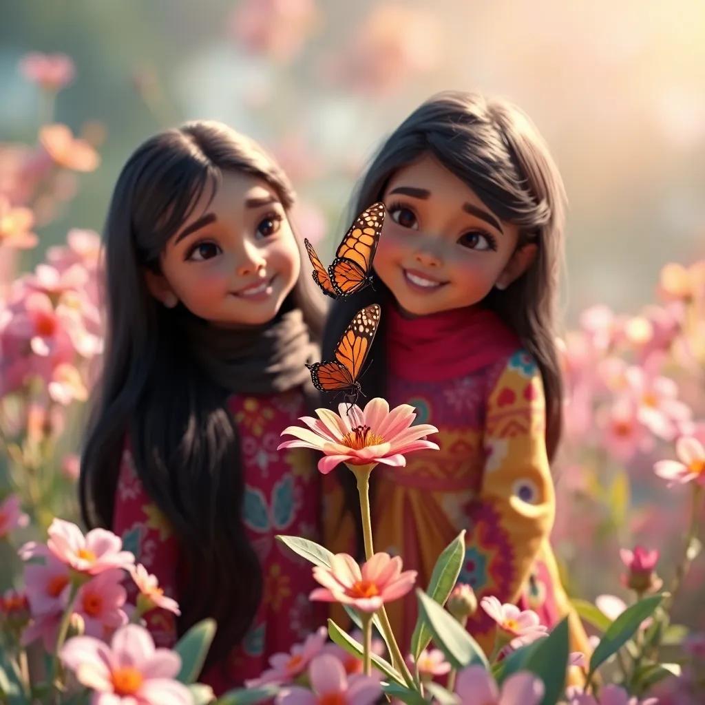 A lovely butterfly landing on a bright flower while Haya and Rima watch with smiles, two young Arab girls with long dark hair in colorful dresses, surrounded by colorful blossoms, digital art, warm light, magical feel, high quality