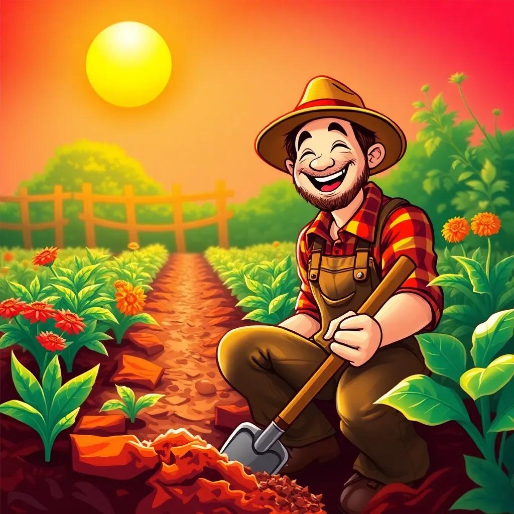 A happy farmer, looking joyful and excited in his garden, wearing simple and colorful clothes, digging the earth with a shovel, sun shining bright, cheerful atmosphere, warm colors, high-quality