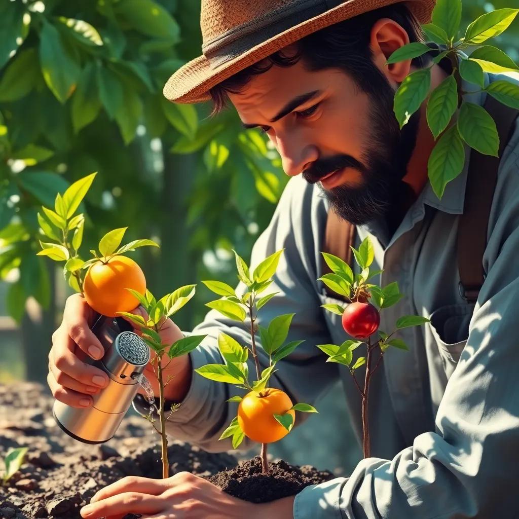 The farmer watering three small saplings, one orange tree, one apple tree, and one pomegranate tree, vibrant green leaves, sunlight shining, nurturing environment, serene mood, digital art, detailed