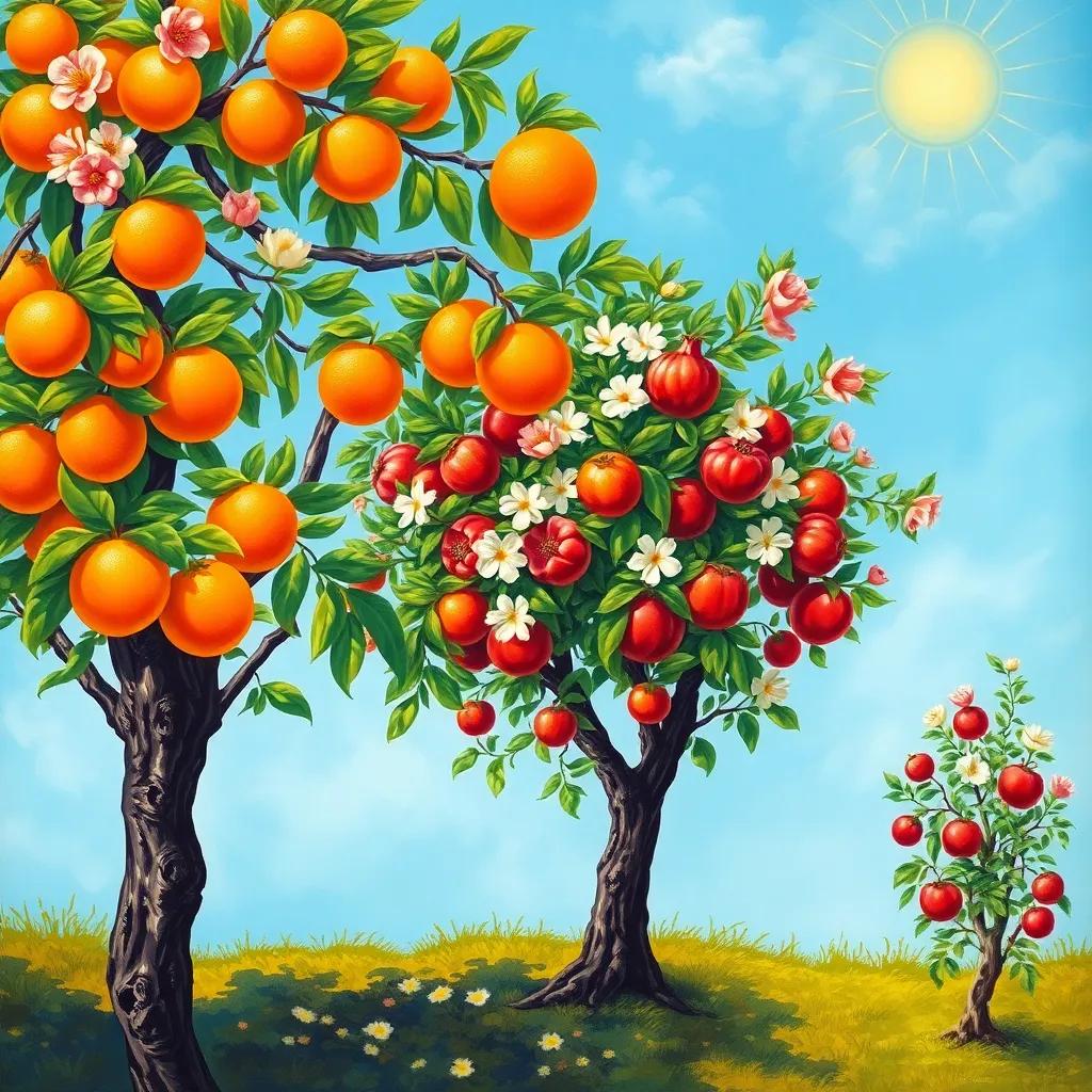 The blooming orange tree with bright orange fruits and the healthy pomegranate tree full of flowers, while the small apple tree looks sad and shy, set against a sunny blue sky, colorful and cheerful, uplifting