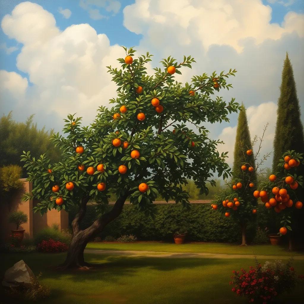 A strong gust of wind blowing in the garden, the apple tree leaning a bit, while the orange and pomegranate trees stand tall, clouds in the sky, dramatic setting, lively, capturing the moment