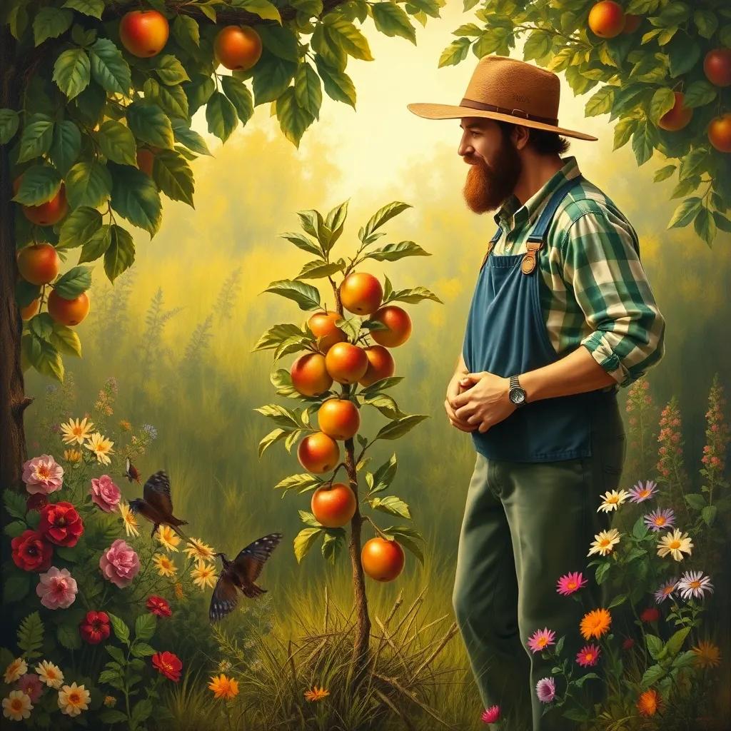 The farmer talking to the small apple tree, encouraging her to grow, surrounded by lush greenery and colorful flowers, warm light, friendly atmosphere, heartfelt moment
