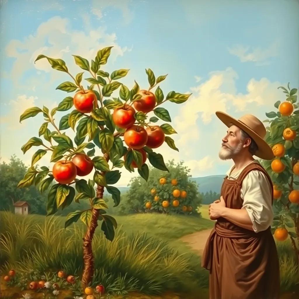 The little apple tree in the wind with its leaves fluttering, as the farmer reassures it, the orange and pomegranate trees in the background, hopeful scene, bright and cheerful