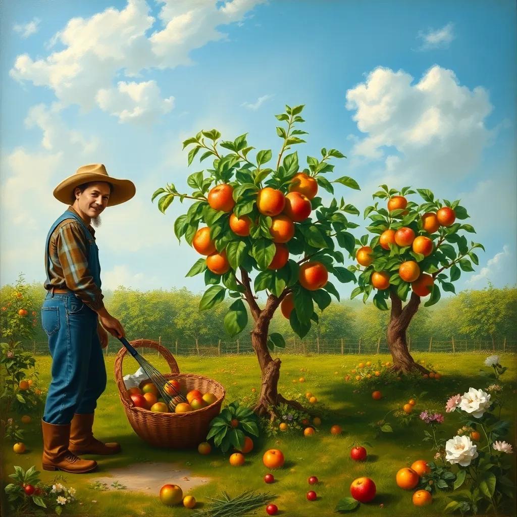 The farmer caring for all three trees, with the apple tree finally thriving, surrounded by a bright garden with colorful fruits, a celebration of growth and new beginnings, optimistic atmosphere