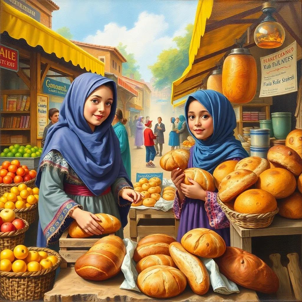 A lively market scene with various stalls, Sarah pointing at fresh bread with Amina beside her, using bright colors to depict different fruits and bread, structured layout, child-friendly, educational theme, high quality