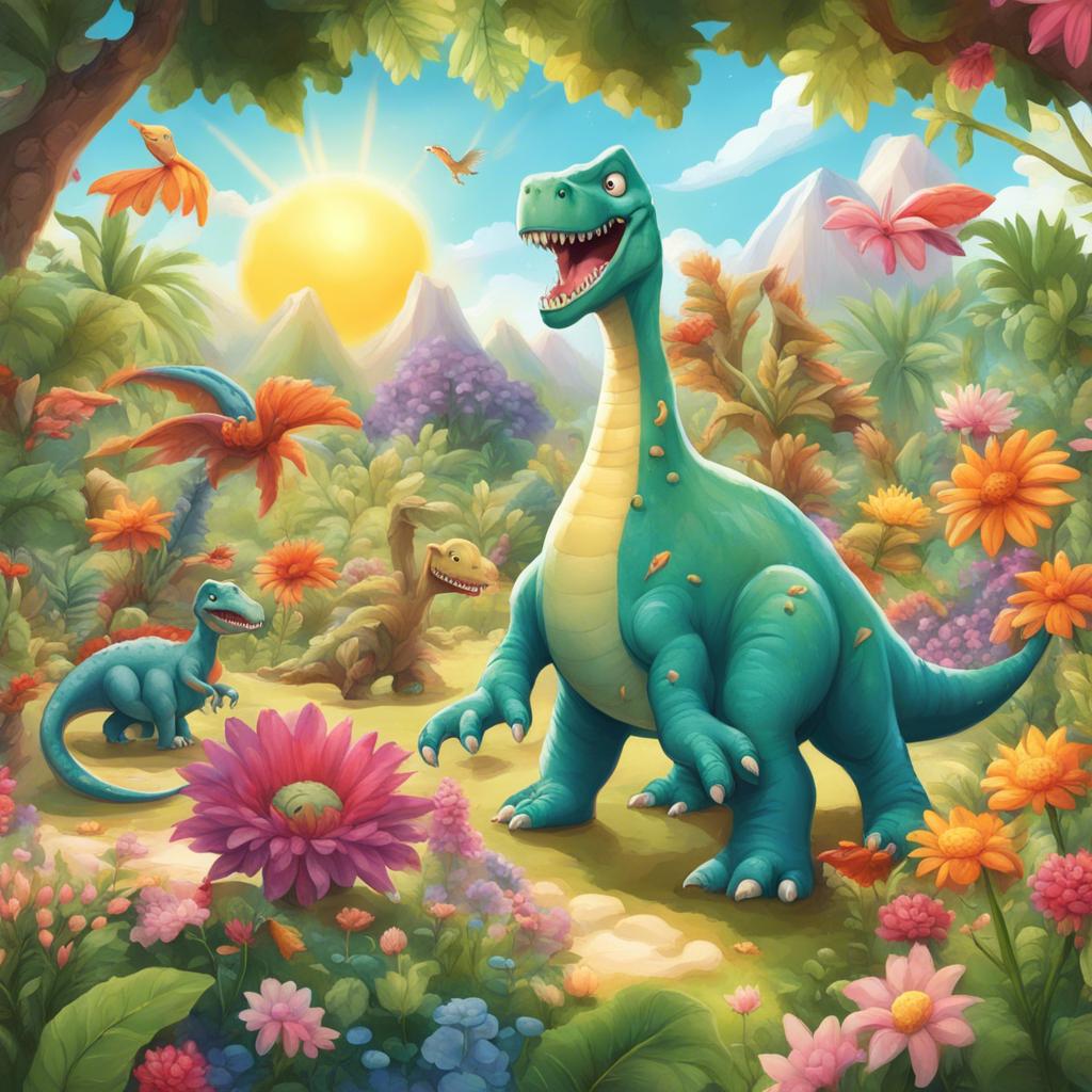 A beautiful garden filled with colorful flowers under bright sunshine, with playful dinosaur children all around.