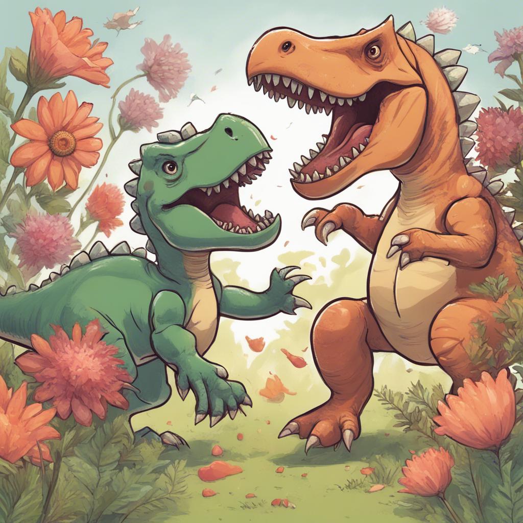 A small Tyrannosaurus Rex and a Stegosaurus running playfully between flowers, laughing and playing with a ball.