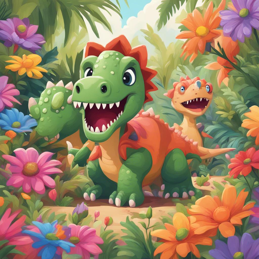 Dinosaur children playing hide and seek in a flower garden, hiding behind big colorful petals.