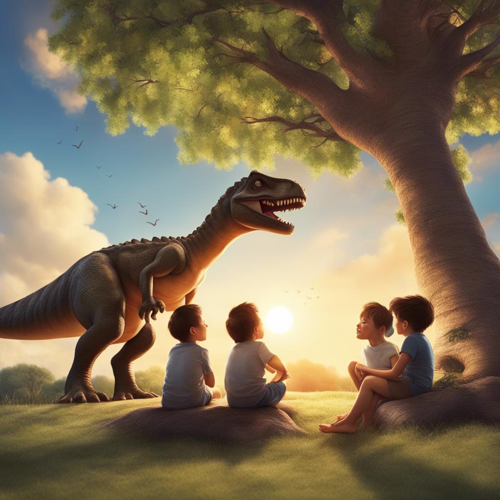 Dinosaur children sitting under a large tree, looking up at the sky with clouds and the sun setting in the background.