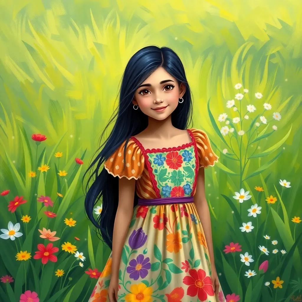 A young girl, Yasmin, with long black hair, wearing a colorful dress, standing in a lush green field with flowers around her and a big smile, digital art, vibrant colors, cheerful atmosphere, high quality