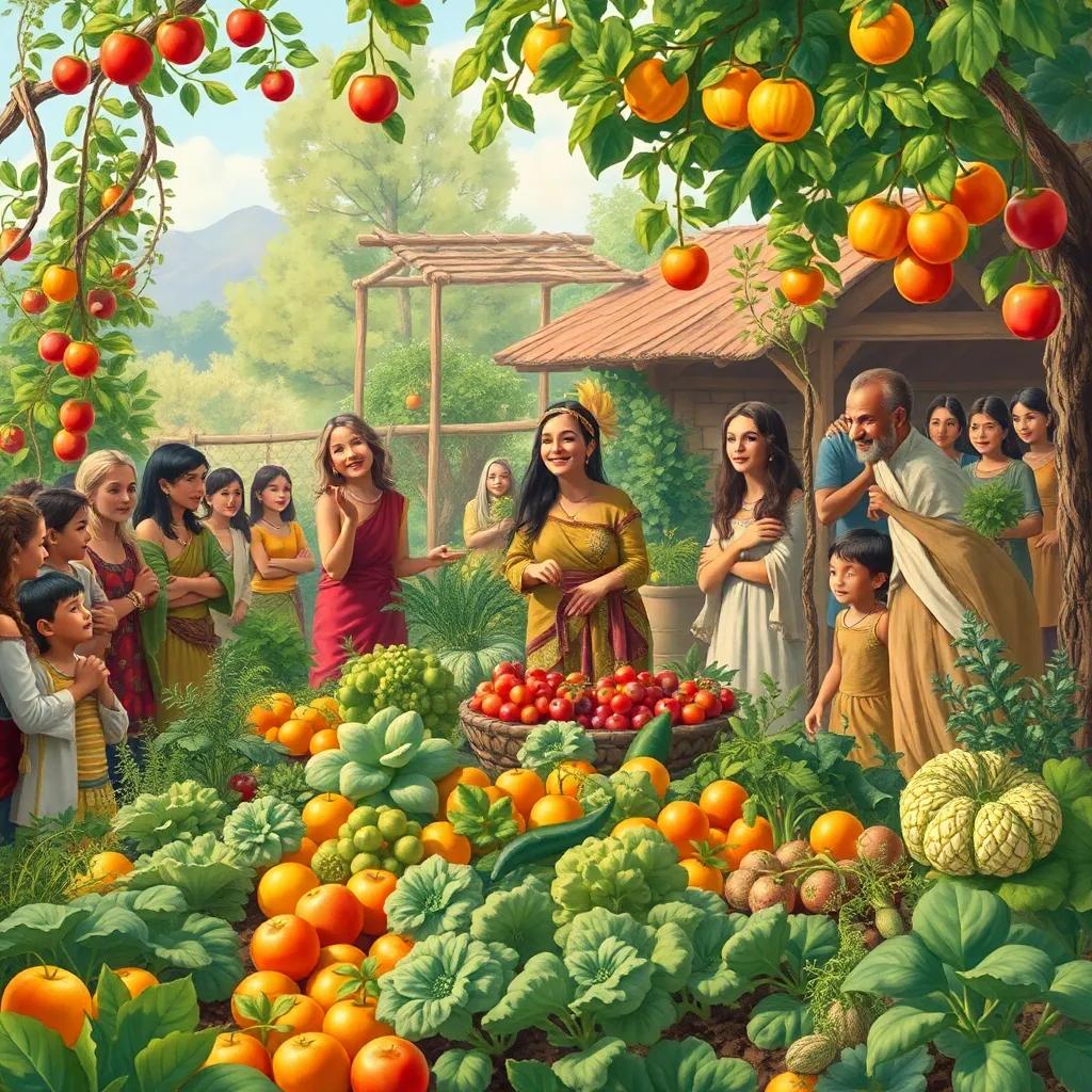 A beautiful garden grown by Yasmin, filled with fresh vegetables and fruits, surrounded by amazed villagers gathering around, illustrated, bright colors, lively scene, high quality