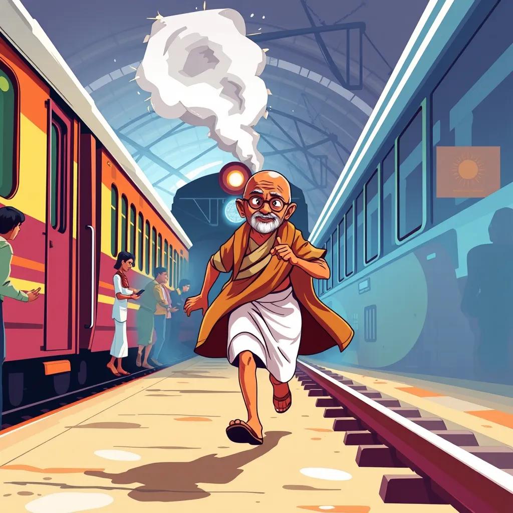 A busy train station with a historic train about to leave, Mahatma Gandhi running with determination, wearing simple clothing, a brown coat and a white dhoti, bright colors, dynamic perspective, child-friendly and engaging illustration
