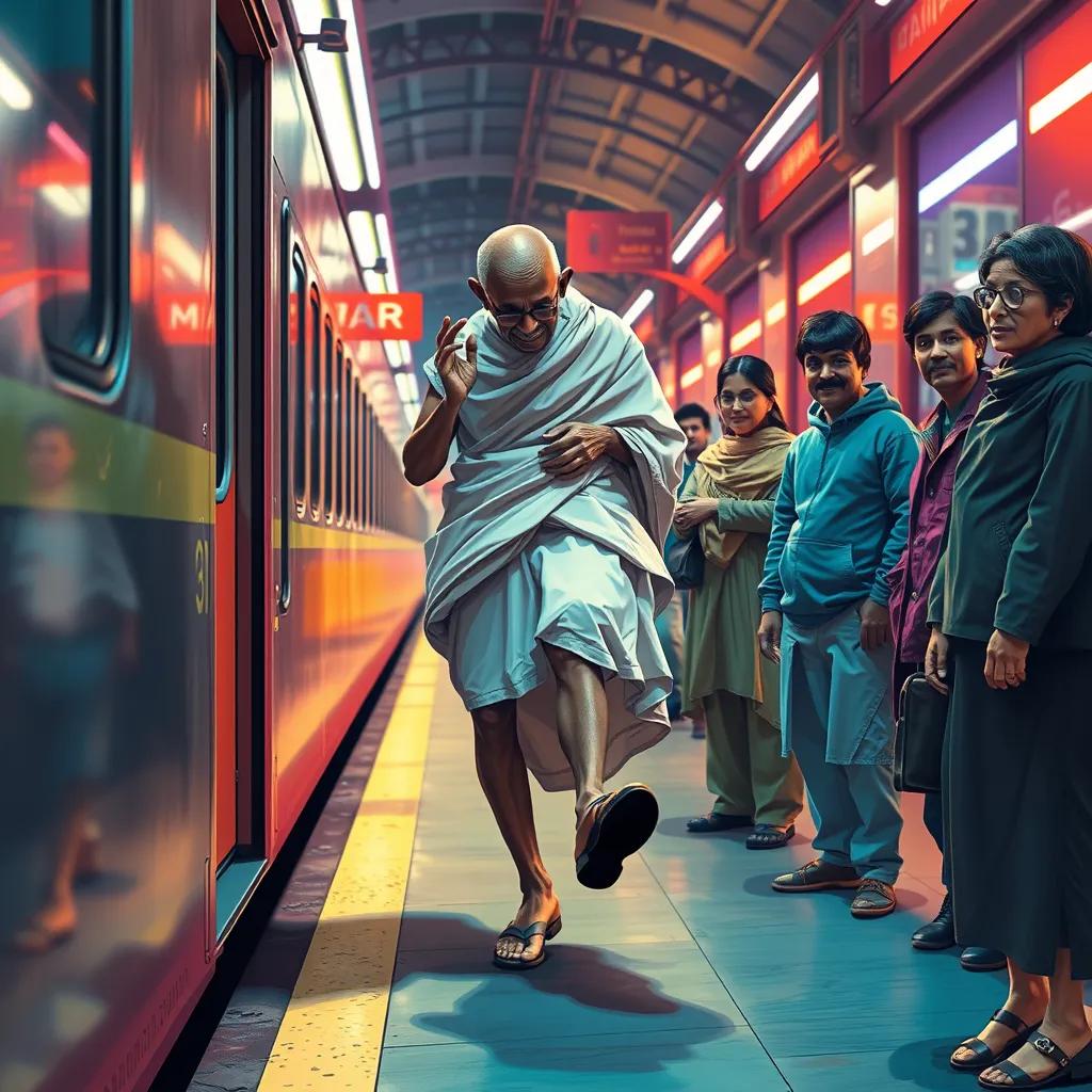 Mahatma Gandhi trying to board the train, one shoe falling from his foot, surprised expressions from his friends watching him, colorful background of the train station, warm and inviting atmosphere