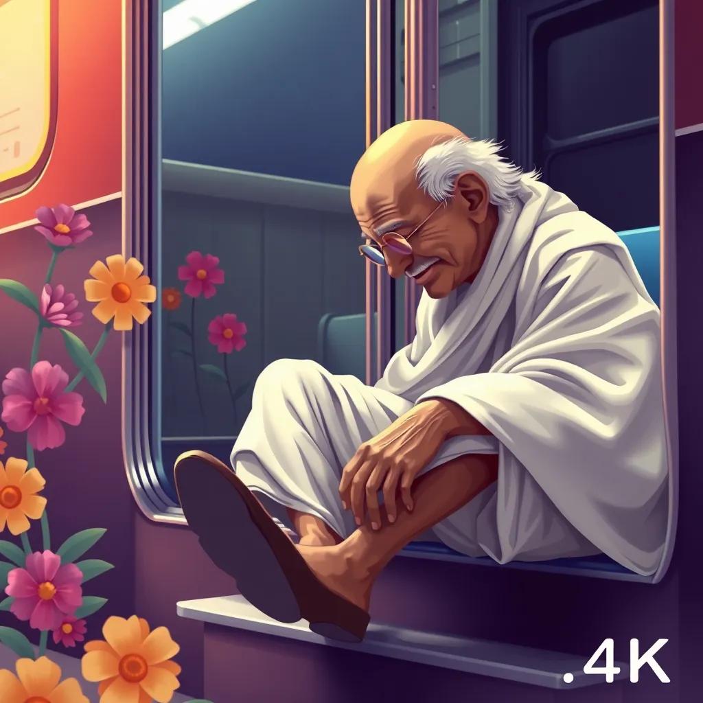 Gandhi sitting on the train steps, looking down at his shoe, thoughtful expression as he decides to remove the other shoe, friendly background with colorful flowers, cheerful tone