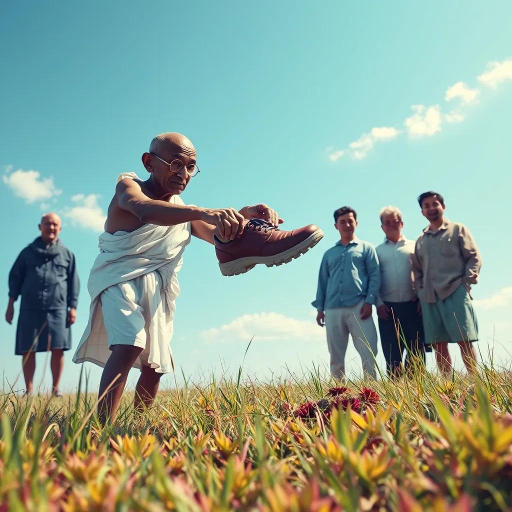 Gandhi throwing the second shoe into the grass near the first one, his friends watching in shock and curiosity, vibrant colors and clear blue sky, humorous perspective
