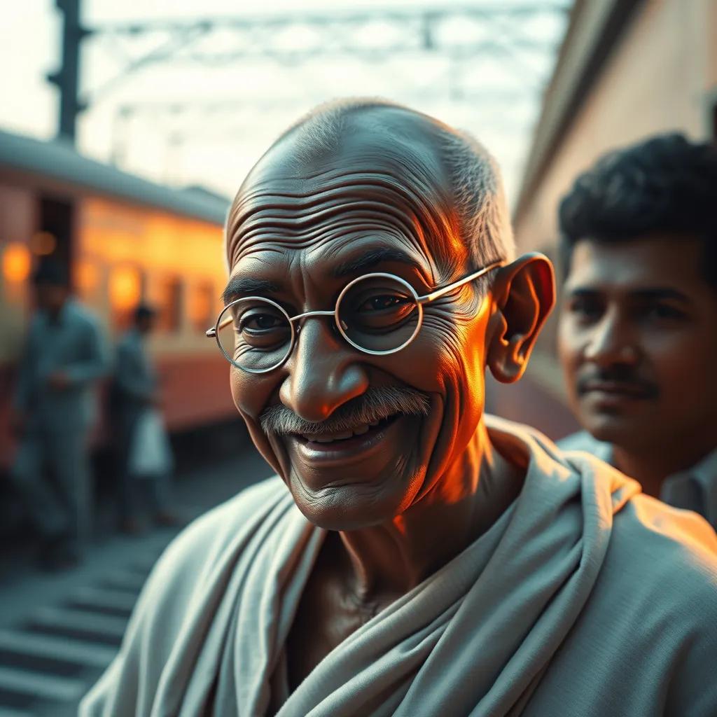 A close-up of Gandhi smiling kindly as he explains to his friends his decision, with a background of the departing train, soft light, encouraging and heartwarming scene