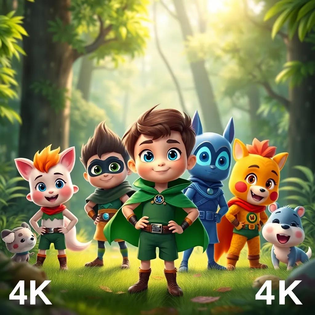 A group of four colorful heroes, Lino, a small boy with bright blue eyes, wearing a green cape, standing confidently in a lush green forest, surrounded by friendly animals, digital art, cheerful, vibrant colors, warm light, child-friendly atmosphere, high quality