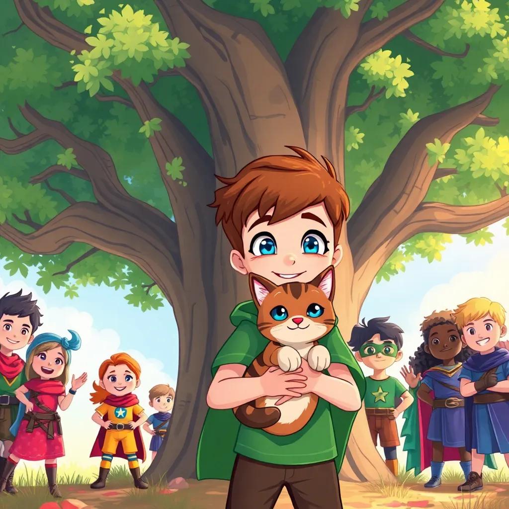 Lino, a small boy with bright blue eyes, wearing a green cape, holding a rescued cat under a big tree, smiling with other diverse heroes beside him, creating a heartwarming scene, illustration, lively colors, engaging perspective, joyful setting, high quality
